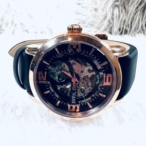 Rosegold tone black leather strap women’s Invicta watch